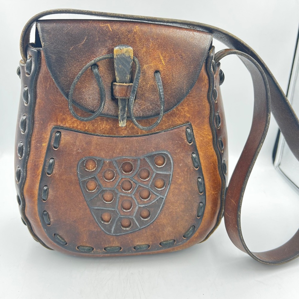 Vintage 70's Handmade‎ Leather Crossbody Bag Artisan Folk Hippie Style